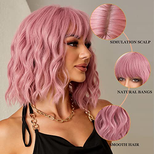 Esmee Short Wave Pink Bob Wigs With Bangs Shoulder Length Wig Curly Wavy Synthetic Cosplay Wigs for Women-12 Inches
