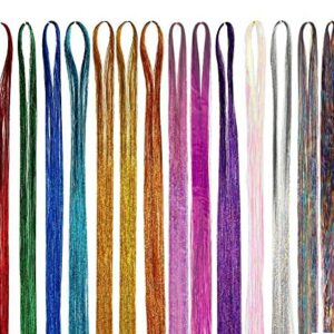 14 pcs Colorful Straight Hair Extensions, 4200 Strands Hair Tinsel Colored Clip in Hair Extensions Rainbow Straight Heat-Resistant Synthetic Hair