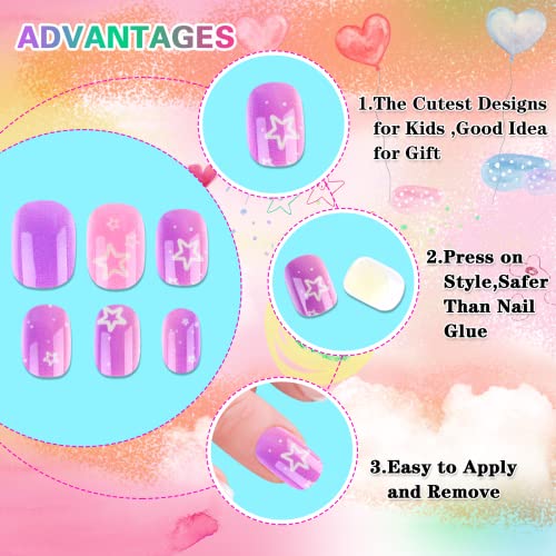 192Pcs Fake Press on Nails for Kids Pre-glue Full Cover Short False Nail Tips Stick on Nails for Kids Children Lovely Gift Girls Nail Art Decorat