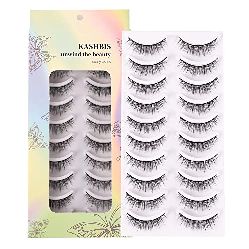 False Eyelashes 17mm Faux 3D Mink Lashes Natural Look Fluffy Cat Eye Wispy Lashes Pack by KASHBIS, 10 Pairs