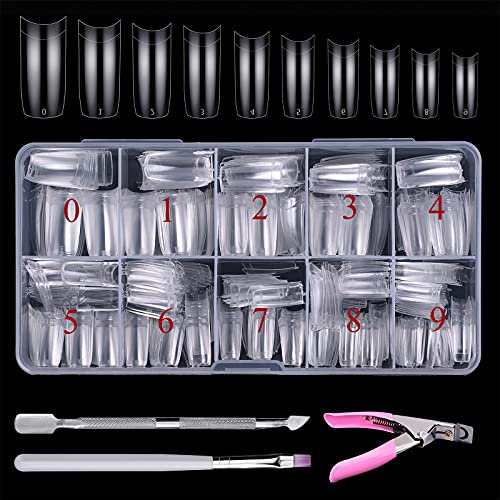 Beainfir 500 Pieces Clear False Nail Tips French Artificial Fake Art Nails Tips 10 Sizes DIY Acrylic Fake Nail with Box, Nail Brush, Cuticle Push