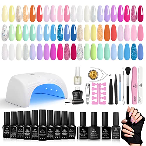 Beetles Gel Nail Polish with U V Light Starter Kit, 12 Colors Spring Pastel Gel Polish with Base Gel Top Coat Cuticle Oil, Soak Off Macaroon Gel