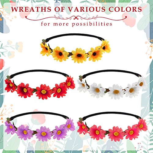 Sibba 5PCS Daisy Flower Headband Floral Garland Crown Hair Wreath Boho Girl Women Fairy Headpiece Soft Hair Bands Fashion for Bridal Wedding Fest