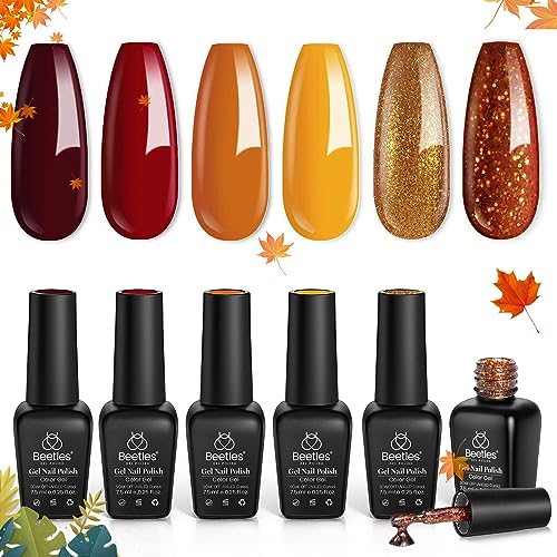 Beetles Gel Nail Polish Set,Fall Winter Colours Yellow Orange Gold Glitter Red Gel Polish Soak Off UV Gel Nail Polish Nail Art Salon Manicure Gel