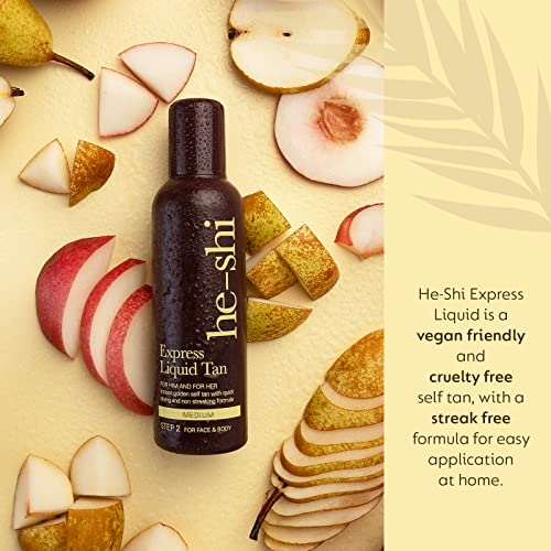 He-Shi Express Liquid Tan Instant Fake Tan Liquid, Medium – Express Fake Tan Lotion - Quick Dry Formula with No False Tan Smell - Vegan & Cruelty