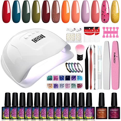 Gel Nail Polish Starter Kit with UV Light 80W LED Nail Lamp, Phoenixy 12 Colors Soak Off Gel Nail Polish Set Base and Glossy Top Coat Manicure To