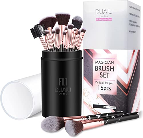Makeup Brushes Set DUAIU 16PCS Vegan Synthetic Make up Brushes Foundation Eyeshadow Concealer Eyebrow Black Marble Brush Set With Makeup Brush Ho