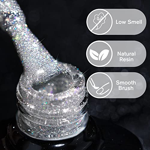 INPING Reflective Glitter Gel Nail Polish, 6 Colours Sparkly Shiny Diamond Flash In Darknight UV Polish, Sliver Gold Purple Blue Pink Green Disco