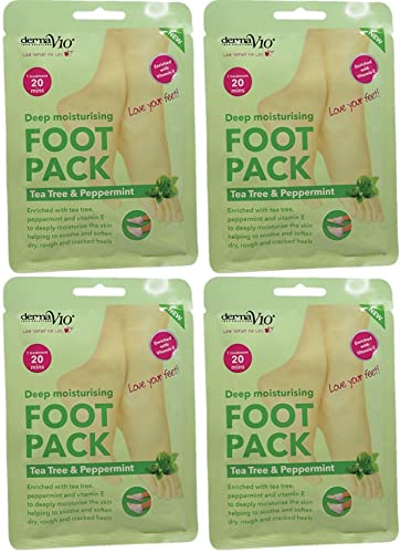 Derma V10 Foot Pack Mask (4 Pack) Deep Moisturising Tea Tree and Peppermint Oil, Honey and Almond Oil Moroccan Argan Oil & Hemp Seed Oil (Tea Tre