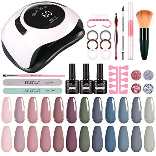 Btiztlla Gel Nail Polish Kit with 120W LED Light, 12 Colors White Nude Glitter Gel Nail Polish Set, UV LED Nail Lamp, No Wipe Base Top Coat, Mani
