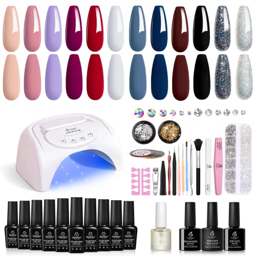 Beetles Gel Nail Polish with U V Light Starter Kit, 12 Colors Spring Pastel Gel Polish with Base Gel Top Coat Cuticle Oil, Soak Off Macaroon Gel