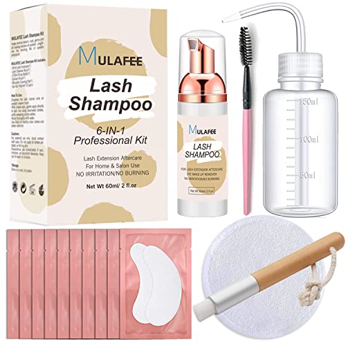 MULAFEE Lash Shampoo for Eyelash Extension, Lash Extension Cleanser, Lash Shampoo Kit 60 ML+Rinse Bottle+Cleansing Brush+Mascara Wand+Reusable Cl
