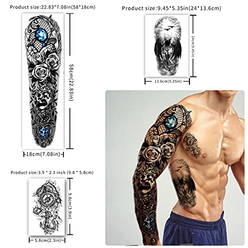 Metuu 46 Sheets Full Arm Waterproof Temporary Tattoos For Men(L22.8“xW7”), Tiger Clock Flower Skeleton Animals Fake Tattoos For Adult Men and Wom