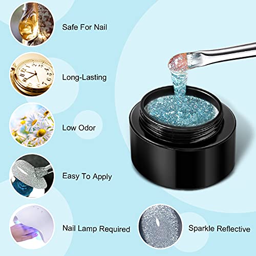 Saviland Reflective Glitter Gel Nail Polish Set - 6 Colors Super Flashing Diamond Gel Polish Set with Nail Brush, Purple Blue Black Sparkling Soa