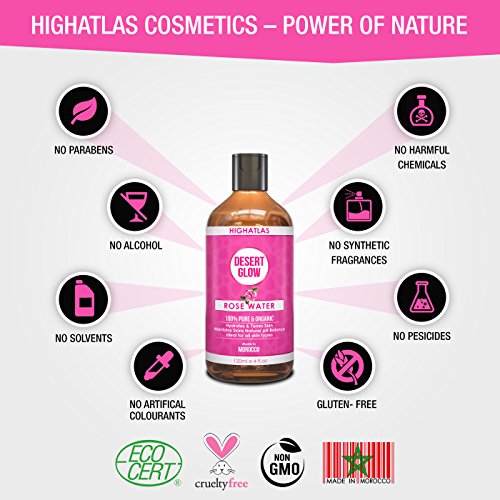 Pure Organic Rose Water by HighAtlas | Facial Toner Spray | 100% Moroccan Rosa Damascena Water | Alcohol-Free | Makeup Remover | Face Toner, Nour