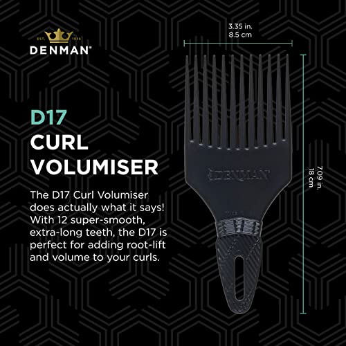 Jack Dean by Denman (Black) Curl Volumiser Comb for Separating, Styling, Defining, Enhancing & Boosting Curls (D17)