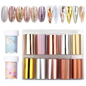Yokilly 12 Rolls Nail Foil Transfer Sticker,10 Rolls Metallic Color Nail Holographic Paper 2 Rolls Marble Series Nail Foils Nail Art Adhesive Sti
