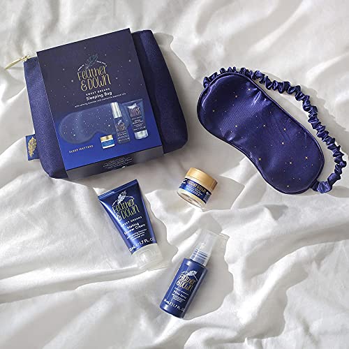 Feather & Down Sleeping Bag Gift Set (luxury eye mask, sleep balm, pillow spray and shower cream) - with calming lavender & chamomile essential o
