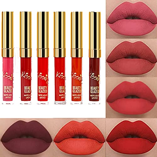Beauty Glazed NEW Matte Liquid Lipstick Set Light to Deep Red Colors Waterproof Long Lasting Non-Stick Cup Lip Gloss Intense pigments, Cruelty Fr