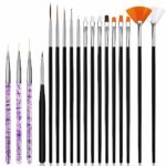 Hanyousheng Nail Art Brushes Set, 15 pcs Nail Art Design Pinceaux + 3 pcs Detailer Brush Tool, Acrylic Nail Brush, Nylon Brush Head Nails Tools f
