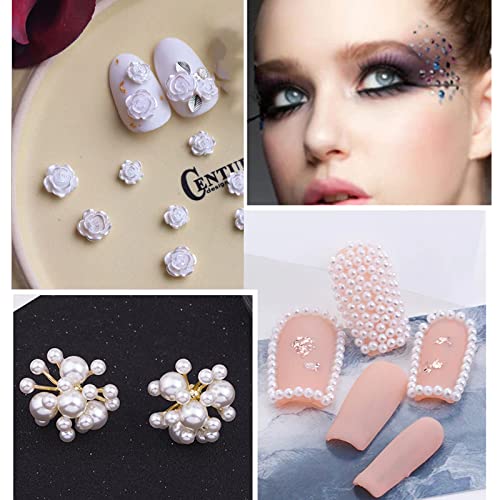 Nail Art Rhinestones and Pearls,2 Boxes Butterfly Bowknot Flower Nail Art Charms,Aurora Bear 3D Nail Art Decorations for Nail Art Design DIY Craf
