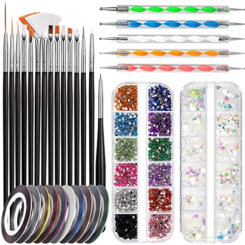 FANDAMEI Nail Starter Kit with Nail Gems - 15pcs Nail Pen Designer + 5pcs Dotting Tool + 10pcs Nail Striping Tape + 12 Boxes Nail Crystals + 12 B
