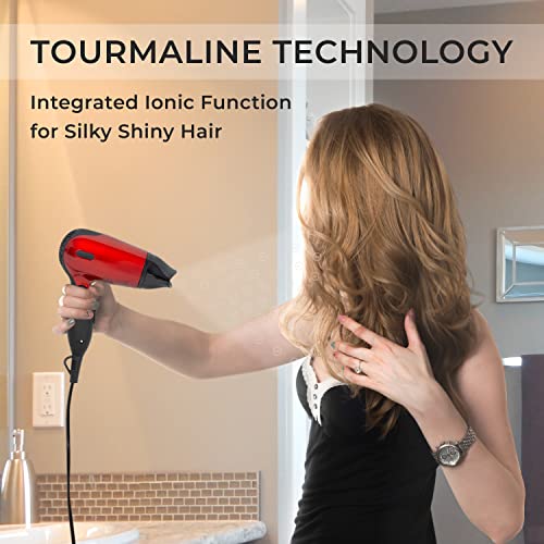 Red Hot 37070 1200W Travel Hair Dryer With Folding Handle / Dual Voltage / 2 Heat Settings / Compact & Lightweight / Red Coloured