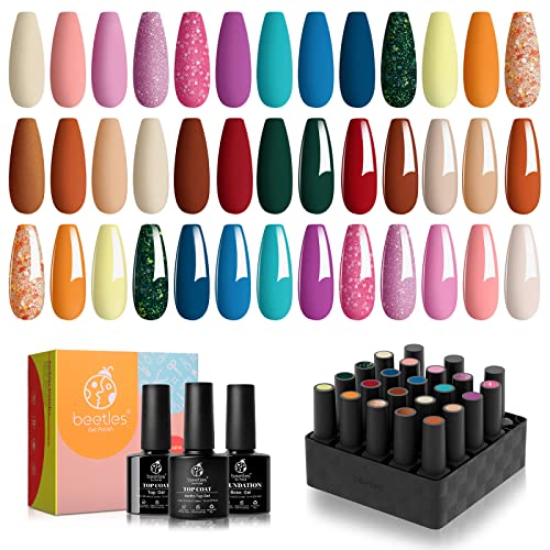 Beetles 20 Gel Nail Polish Glowing Attraction Set Soak Off Nail Gel Polish Nude Gray Red Blue Glitter Black Gel Polish Starter Kit with Glossy Ma