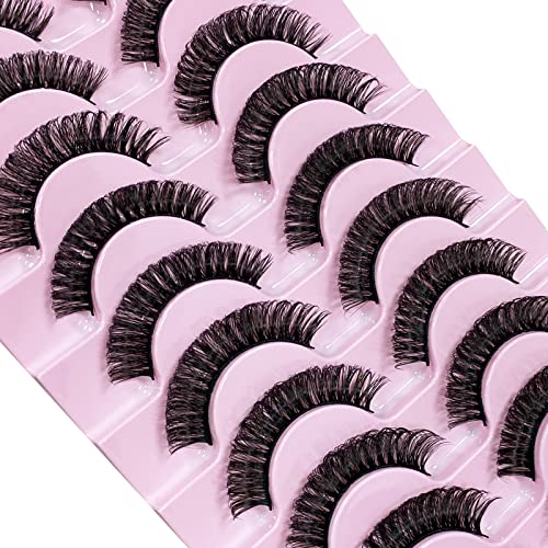 CNMTCCO False Eyelashes 10 Pairs Russian Strip Lashes Natural Fluffy Wispy D Curly Faux Mink Lashes Thick Short Soft Eyes Lash Reusable Fake Eyel