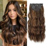 4PCS Brown Hair Extensions Clip in, Curly Synthetic Clip in Hair Extension, 20 Inches Long Hair Clip in Extensions for Women Wavy Hair Pieces for