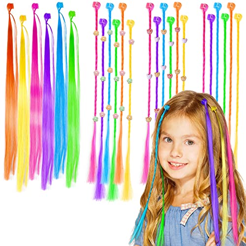 HQCM 36 Pcs Kids Hair Extensions with Hair Clips, Rainbow Braid Hair Extension, Girls' Hair Accessories Color Clip Hair Extension, for Parties an