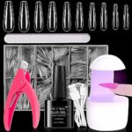 Nail Tips and Glue Gel Kit, 500Pcs Coffin Long Soft Gel Nail Tips , 6 In 1 Nail Glue with Portable Nail Lamp with nail file, Gel Extension Nail K