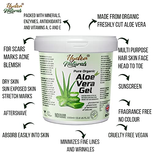 Hydra Naturals Aloe Vera Gel for Hair, Skin, Face, Dry Skin and Multipurpose Made From Freshly Cut Aloe Vera All-Over Head to Toe 1000ml Large XX