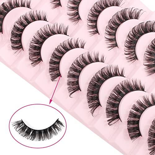 False Eyelashes Natural Look Russian Strip Lashes Faux Mink D Curl Fake Eyelashes Wispy Fluffy Volume 3D Effect Cat Eye Lashes Reusable Handmade