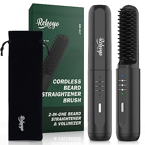 Beard Straightener Brush, REHOYO Cordless Hair Straightening Comb with Different 3 Temperature, Rechargeable Anti-Scald and Auto-Off of Portable