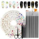 Canvalite 54 Sheets Transfer Stickers for Nail Water Decals with 15pcs Nail Painting Brushers Tweezers and Scissors for for Women Girls Gel Nails