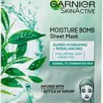 Garnier Moisture Bomb Green Tea and Hyaluronic Acid Sheet Mask, Hydrating & Rebalancing Face Mask, For Sensitive Skin, Biodegradable and Vegan Ti
