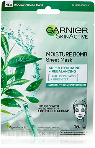 Garnier Moisture Bomb Green Tea and Hyaluronic Acid Sheet Mask, Hydrating & Rebalancing Face Mask, For Sensitive Skin, Biodegradable and Vegan Ti