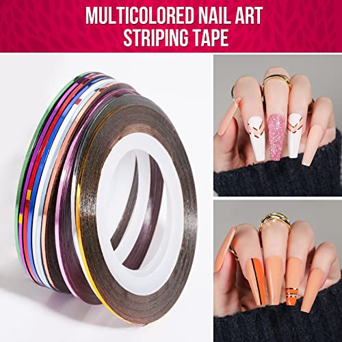 FANDAMEI Nail Starter Kit with Nail Gems - 15pcs Nail Pen Designer + 5pcs Dotting Tool + 10pcs Nail Striping Tape + 12 Boxes Nail Crystals + 12 B