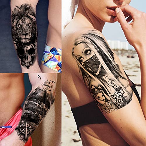 Bilizar 63 Sheets Tribal Wolf Lion Tiger Temporary Tattoos For Men Women Adults, Scary Halloween Skull Gangster Fake Tattoo Stickers Kids, Small