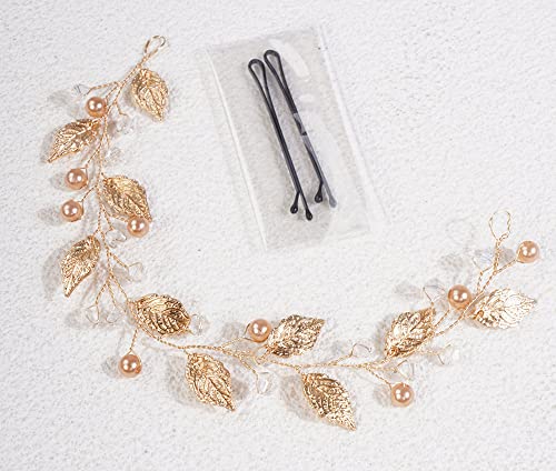 Cathercing Bridal Wedding Headband Hair Vine Headdress Gold Leaf Hair Band Vintage Long Bridal Headband Hair Accessories for Bride Hair Clips for