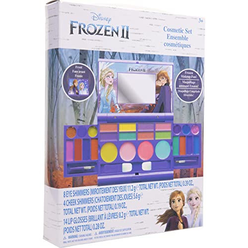 Disney Frozen 2 - Townley Girl Cosmetic Compact Set with Mirror 14 lip glosses, 4 Body Shines, 6 Brushes Colorful Portable Foldable Washable Make