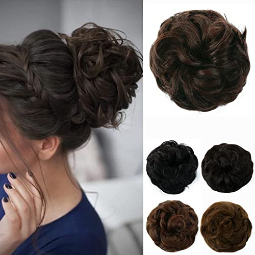 JJstar Messy Hair Bun Curly Wavy Hair Scrunchies Accessories Pieces for Women Girls Synthetic Hair Chignons (Dark Brown)