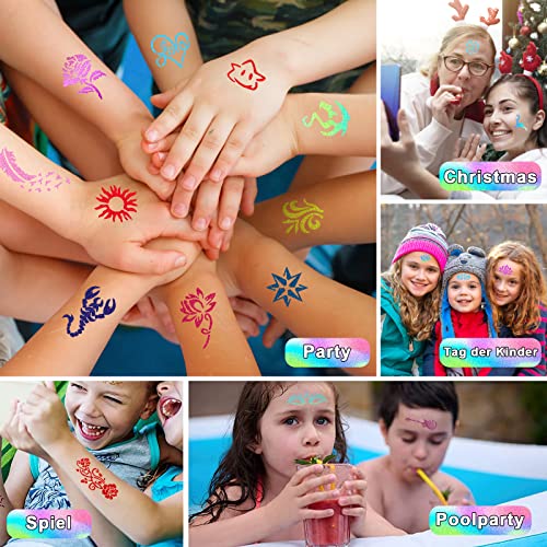 Glitter Tattoos for Kids, Girls Temporary Glitter Tattoo Kit, 41 Colours Glitter 215 Rhinestones 204 Stencils 3 Glue 5 Brushes Waterproof Tattoos