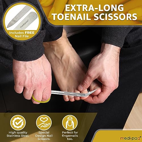 Medipaq Yellow Long Handle Toenail Scissors with Free Nail File - 1x Nail Scissors for Toenails - Extra Leverage for Tough Toenails - for The Eld