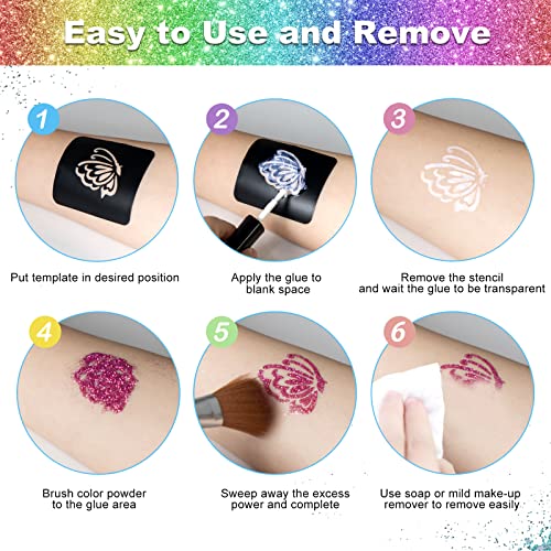 Glitter Tattoos for Kids, Temporary Tattoo Kit - 36 Colours Glitter, 182 Stencils, 6 Fluorescent, 215 Rhinestones, Skin Friendly Flash Make Up fo