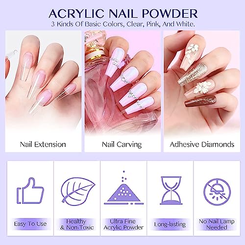 Acrylic Nail Kit - 3 Colors Acrylic Powder Set - Clear White Pink Acrylic Nail Powder for Acrylic Nails Extension Beginner Kit