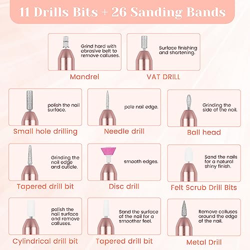 Sarmeley Electric Nail Files Professional Electric Nail Drill Set for Acrylic Gel Nails Portable Manicure Pedicure Kit with Sanding Bands, Champa