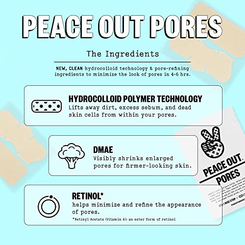 Peace Out Skincare Pores. Hydrocolloid Pore-Refining Nose and Face Strips with Vitamin A to Shrink Enlarged Pores and Remove Excess Oil (4 pore a