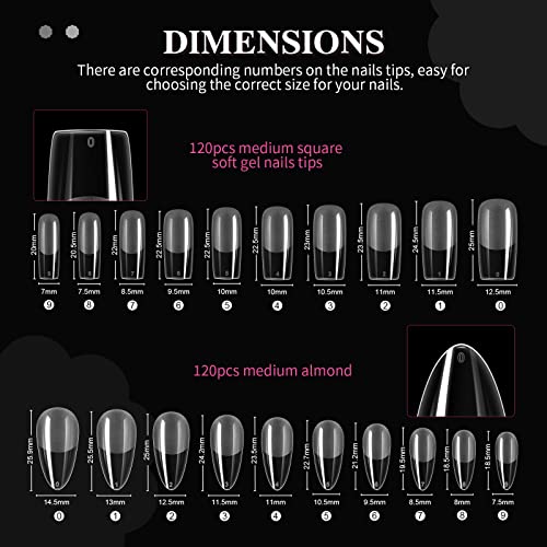 Saviland Extension Gel Nail Kit 240PCS Medium Almond & Medium Square Clear Full Cover Soft Gel Nails Tips 6-in-1 Nail Glue Gel Fake Nails Extensi